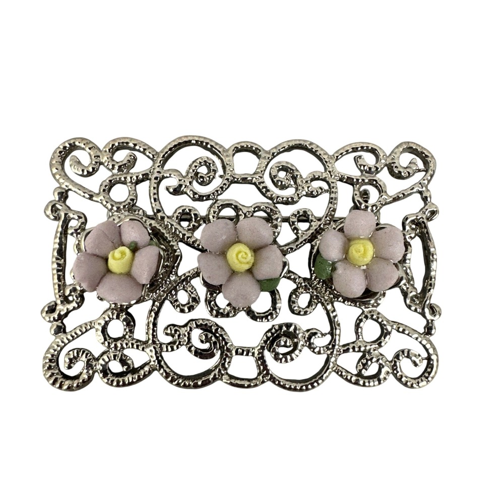 1920's Brand Silver Tone Faux Enamel Flower Pin Brooch vintage pin brooch